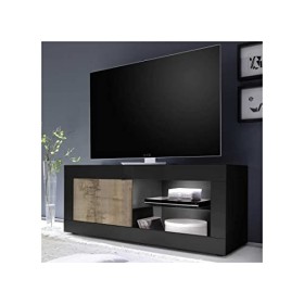 Tousmesmeubles Meuble TV 1 Porte 2 niches Noir Mat/Bois fumé à LEDs - Matera - L 140 x l 43 x H 56 cm - Neuf