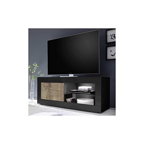 Tousmesmeubles Meuble TV 1 Porte 2 niches Noir Mat/Bois fumé à LEDs - Matera - L 140 x l 43 x H 56 cm - Neuf