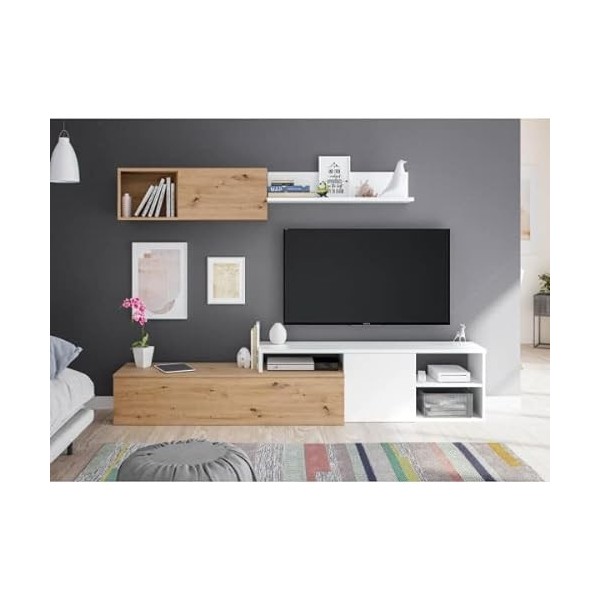 DANSMAMAISON Meuble TV et étagère Blanc/Chêne - TOZA - Banc TV : L 221 x l 40 x H 44 cm . Etagère Blanche : L 90 x l 21 x H 2