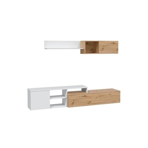 DANSMAMAISON Meuble TV et étagère Blanc/Chêne - TOZA - Banc TV : L 221 x l 40 x H 44 cm . Etagère Blanche : L 90 x l 21 x H 2