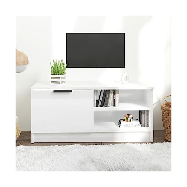 Maxspace TV Meuble, Meuble Tele, Meuble TV Chambre, Meuble TV IindustrielBlanc Brillant 80x35x36,5 cm Bois dingénierieConvie