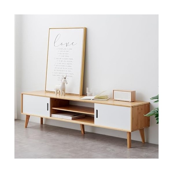 WOLWES Meuble TV Bambou Meuble Television avec Rangement Table TV Étroit Banc TV 140 cm 160 cm Longueur Meuble Télé pour Salo