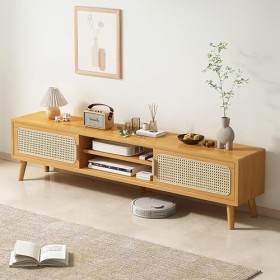 WOLWES Meuble Télé Bambou Meuble TV avec Rangement, Portes Coulissantes, Table TV Banc TV pour Les Téléviseurs Jusquà 70 Pou