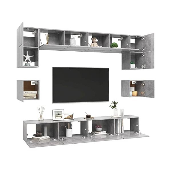 Générique Ensemble de Meuble TV 8 pcs Gris béton Aggloméré,90.3 KG,3079112, Meubles, Meubles TV
