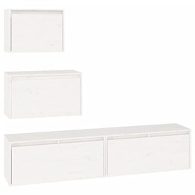 JUNZAI Meubles TV 4 pcs Blanc Bois Massif de pin,Meuble TV,Table Basse Salon Meuble TV,Table Basse LED Couleurs