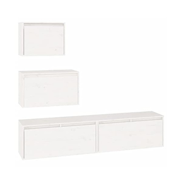 JUNZAI Meubles TV 4 pcs Blanc Bois Massif de pin,Meuble TV,Table Basse Salon Meuble TV,Table Basse LED Couleurs