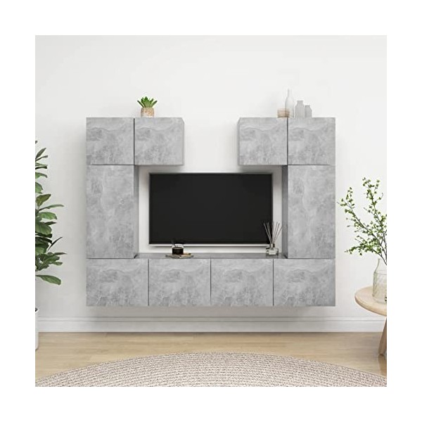 JUNZAI Ensemble de Meuble TV 6 pcs Gris béton Aggloméré,Table Television Salon,Meuble Télé Haut,Meuble TV Haut