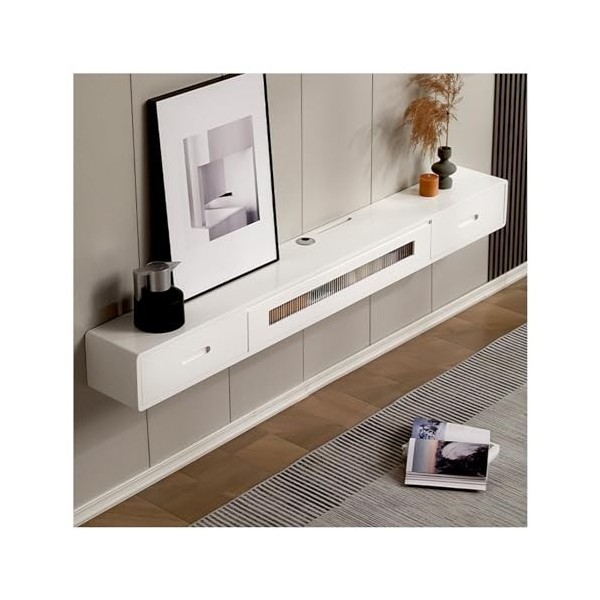 Meuble TV Flottant, avec 2 Tiroirs Et Porte en Verre, Meuble De Divertissement, Étagère Murale pour Salon Et Chambre À Couche