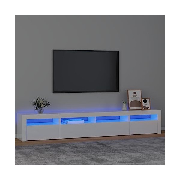 Higsose Meuble TV Salon avec Lumières LED Colorées Blanc Brillant 240x35x40 cm Bois dingénierie Style Tendance Meuble Média 