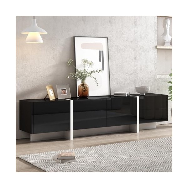 Meuble TV Moderne Noir et Blanc Brillant avec 3 Portes et 2 tiroirs, Meuble TV pour Salon, Chambre à Coucher, Design Simple 1