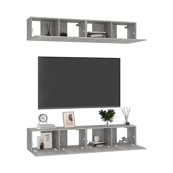 Hotorun Lot de 4 meubles TV pour le salon - 80 x 30 x 30 cm - Matériau du bois - Gris béton - Armoire murale tendance - Espac