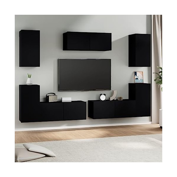 Ensemble de Meubles TV 7 pcs Noir Bois dingénierie - Banc TV avec Rangement Meuble Télé, Convient pour Salon ou Chambre
