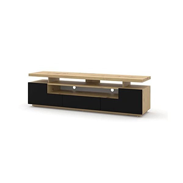 Eva Meuble TV bas 180 cm Meuble TV Table Buffet Double Plateau TV Commode HiFi Table chêne Artisan / noir mat avec éclairage