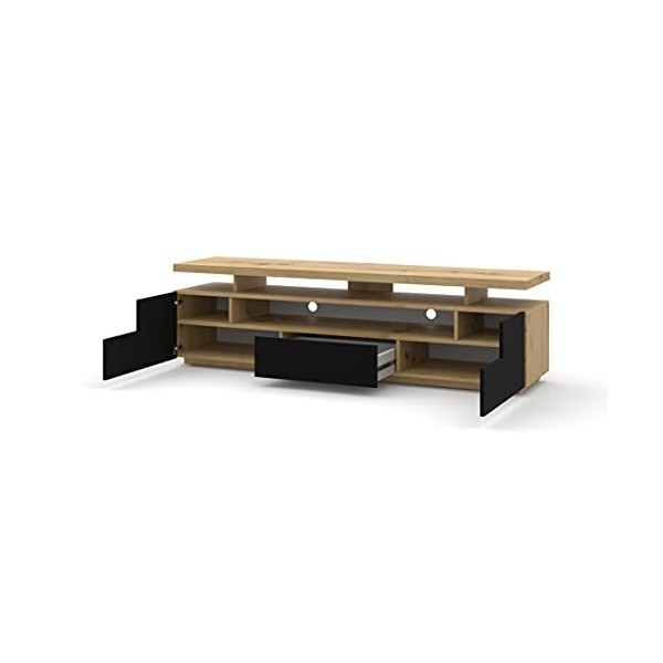 Eva Meuble TV bas 180 cm Meuble TV Table Buffet Double Plateau TV Commode HiFi Table chêne Artisan / noir mat avec éclairage