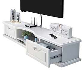 Console multimédia Murale avec 2 tiroirs, Meuble TV Blanc, étagère Flottante pour Composants de Meuble TV, étagère Audio vidé