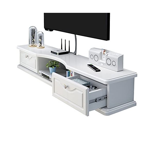 Console multimédia Murale avec 2 tiroirs, Meuble TV Blanc, étagère Flottante pour Composants de Meuble TV, étagère Audio vidé
