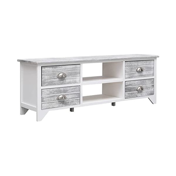 CHRISK Home Hardware Businese Meuble TV en bois de paulownia massif Blanc/gris 108 x 30 x 40 cm