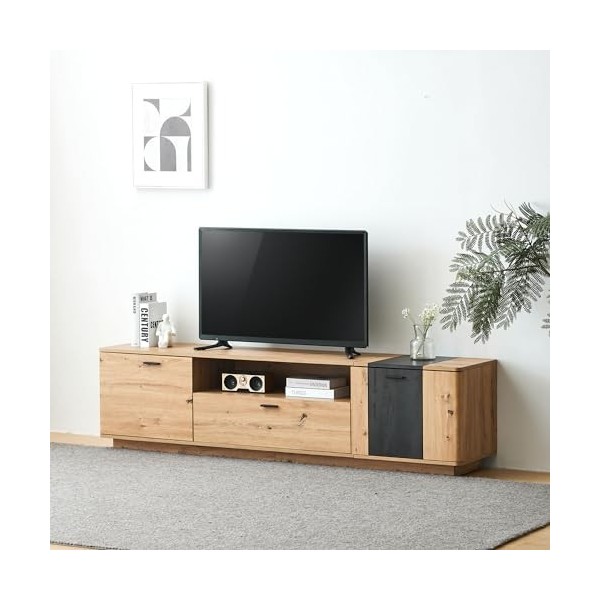Meuble TV spacieux - 1,8 m pour TV 80", MDF, Grain de Bois, Meuble TV Coins arrondis, rangements astucieux, 2 Portes de Meubl
