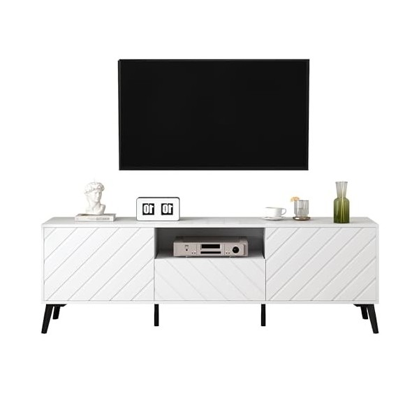 kubeier Meuble TV Bas Meuble TV Blanc 170 cm pour téléviseurs 70 Pouces, Meuble TV Bois avec 2 Portes et 2 tiroirs, Meuble Ba