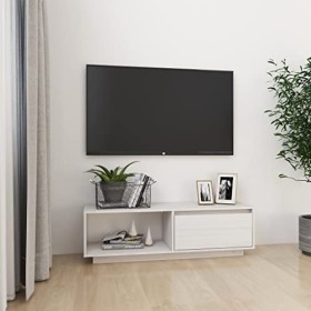 Meuble TV Blanc 110x30x33,5 cm Bois de pin Massif - Meuble Chambre, Support Télé pour Salon Salle à Manger Chambre, Style Ind