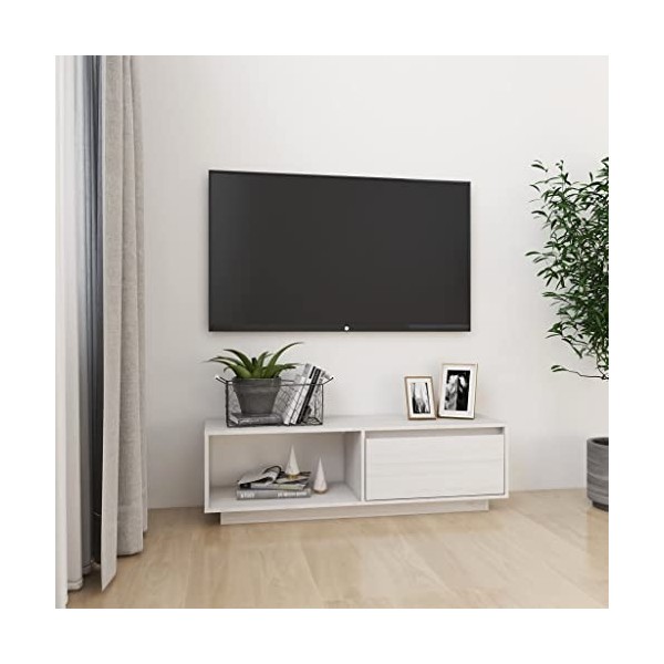 Meuble TV Blanc 110x30x33,5 cm Bois de pin Massif - Meuble Chambre, Support Télé pour Salon Salle à Manger Chambre, Style Ind