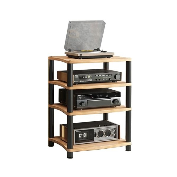 Étagère dangle en bois pour médias audio/vidéo – Parfait pour le salon et les jeux – Tour de rack audio stéréo à 4 niveaux –