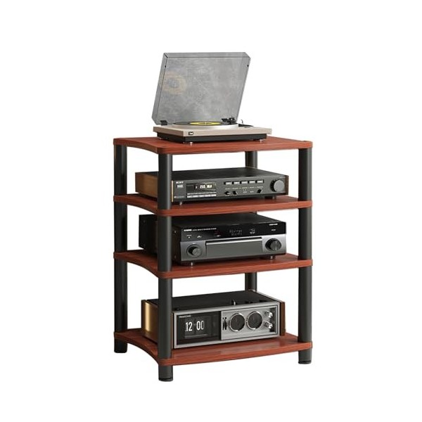 Étagère dangle en bois pour médias audio/vidéo – Parfait pour le salon et les jeux – Tour de rack audio stéréo à 4 niveaux –