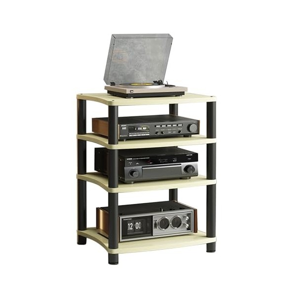 Étagère dangle en bois pour médias audio/vidéo – Parfait pour le salon et les jeux – Tour de rack audio stéréo à 4 niveaux –