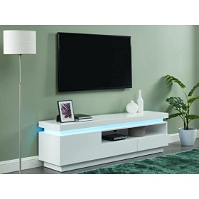 Vente-unique Meuble TV Emerson II - 1 Porte & 2 tiroirs - MDF laqué Blanc - LEDs