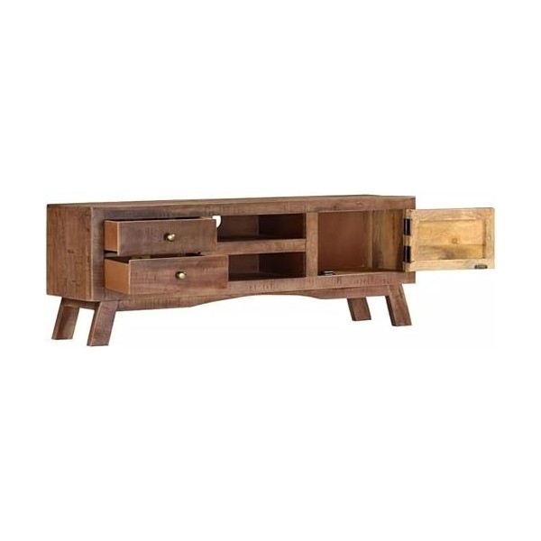 Suuim Meuble TV Classique en Bois avec Espace de Rangement, Centre de Divertissement en Bois de manguier Brut, Console TV, Me