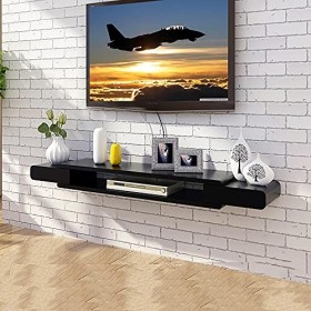 Meuble TV mural noir – Petit appartement simple, unité de divertissement pour chambre à coucher avec étagère murale à suspend