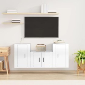 Meuble TV 3 pièces en bois blanc brillant