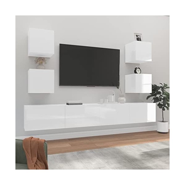 LAPOOH Ensemble de Meubles TV 6 pcs Blanc Brillant Bois dingénierie,Meuble Haut Salon,Meuble TV Étagère,Meuble dangle TV