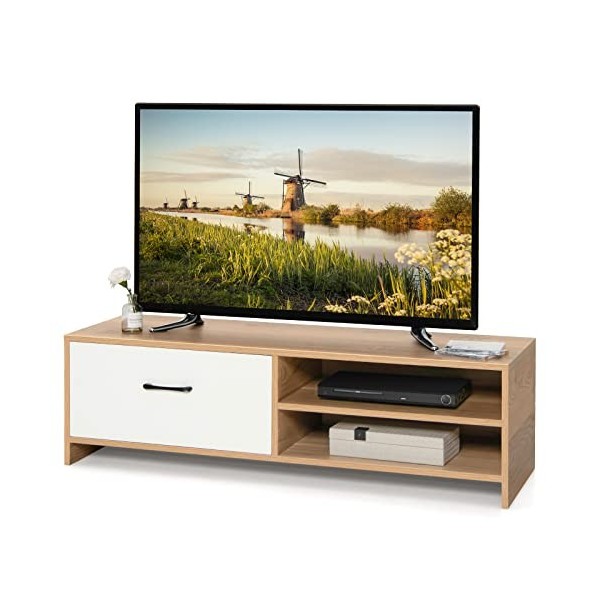 COSTWAY Meuble TV avec Tiroir et 2 Compartiments pour TV 55" au Max, Banc TV en Bois pour Salon, Chambre, Bureau, 120 x 42 x