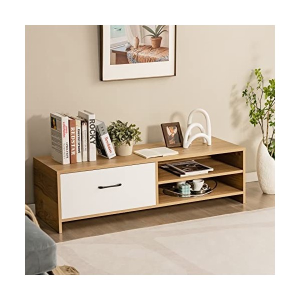 COSTWAY Meuble TV avec Tiroir et 2 Compartiments pour TV 55" au Max, Banc TV en Bois pour Salon, Chambre, Bureau, 120 x 42 x