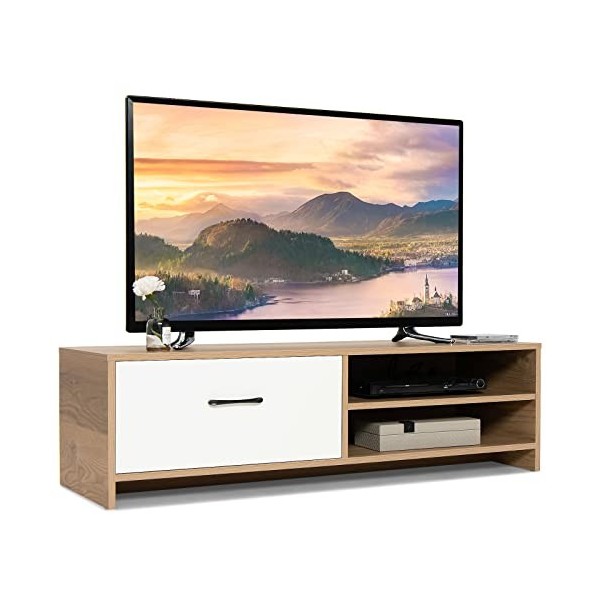 Giantex Meuble TV pour Téléviseurs Jusquà 55, Banc TV Moderne avec Un Grand Tiroir, 2 Étagères Ouvertes, Meuble de Rangeme