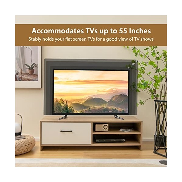 Giantex Meuble TV pour Téléviseurs Jusquà 55, Banc TV Moderne avec Un Grand Tiroir, 2 Étagères Ouvertes, Meuble de Rangeme