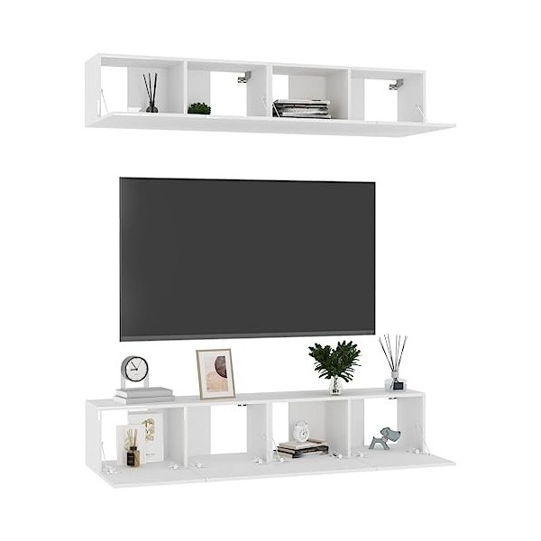 Hotorun Lot de 4 meubles TV pour le salon - 80 x 30 x 30 cm - Matériau du bois - Blanc brillant - Armoire murale tendance - E
