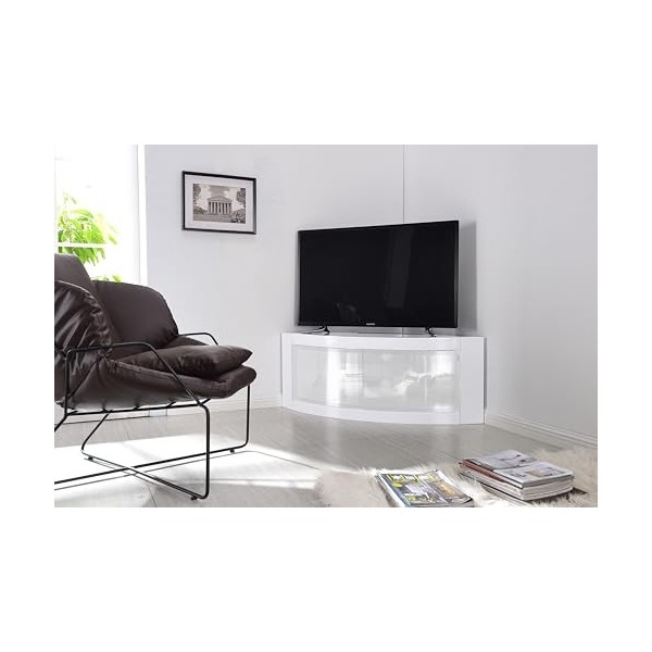 Homeology Meuble TV d’angle incurvé Pangea Beam-thru 81,3&nbsp;-&nbsp;139,7&nbsp;cm Porte en verre blanc.
