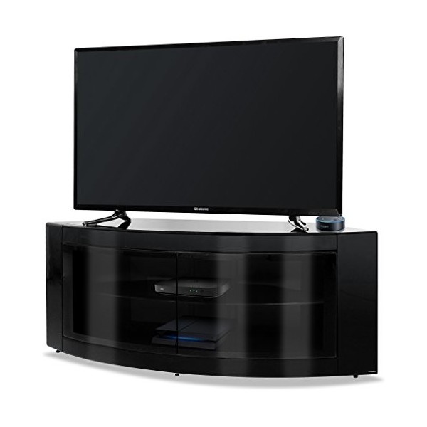 Homeology Meuble TV d’angle incurvé Pangea Beam-thru 81,3&nbsp;-&nbsp;139,7&nbsp;cm Porte en verre blanc.