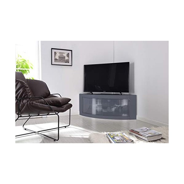 Homeology Meuble TV d’angle incurvé Pangea Beam-thru 81,3&nbsp;-&nbsp;139,7&nbsp;cm Porte en verre blanc.