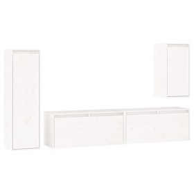 JUNZAI Meubles TV 4 pcs Blanc Bois Massif de pin,Meuble TV,Table Basse Salon Meuble TV,Table Basse LED Couleurs