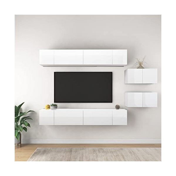 Camerina Meubles TV 8 pcs Blanc Brillant Aggloméré,Table TV,Ensemble Meuble TV,Meuble TV