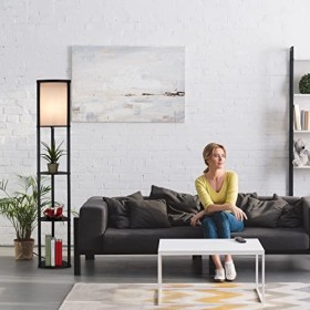 Relaxdays Lampadaire noir avec étagères, HLP&nbsp;: 156x28x28&nbsp;cm, douille E27, moderne, 3 surfaces de rangement, noir/gris