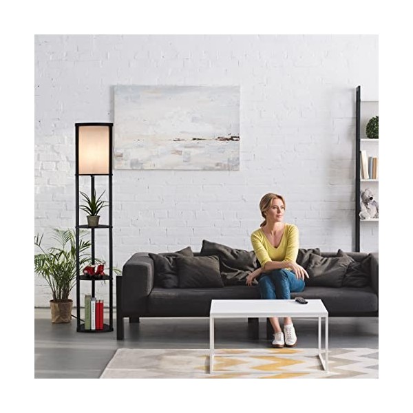 Relaxdays Lampadaire noir avec étagères, HLP&nbsp;: 156x28x28&nbsp;cm, douille E27, moderne, 3 surfaces de rangement, noir/gris