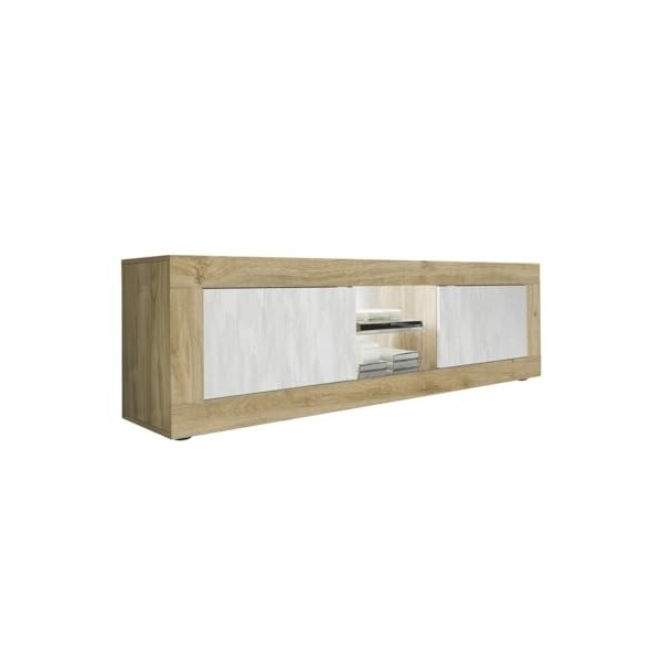 Meuble TV 2 Portes 2 niches Chêne Naturel/Blanc Neige à LED - Matera - L 181 x l 43 x H 56 cm - Neuf