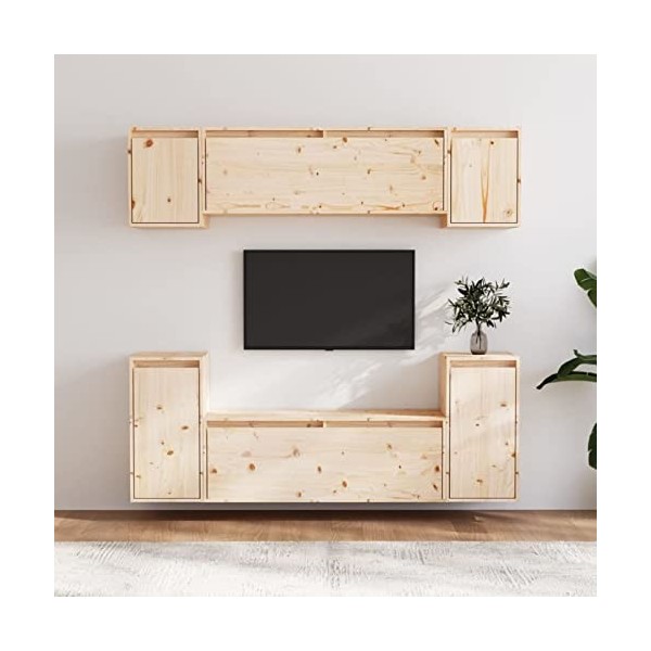 TANZEM Meubles TV 6 pcs Bois Massif de pin,Meuble TV Étagère,Meuble dangle TV,Meuble Haut Salon