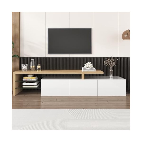 Conception de Meuble TV Moderne, Espace de Rangement Pratique, Blanc Brillant, Aspect Bois, étagères en Verre, éclairage LED,