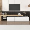 Conception de Meuble TV Moderne, Espace de Rangement Pratique, Blanc Brillant, Aspect Bois, étagères en Verre, éclairage LED,