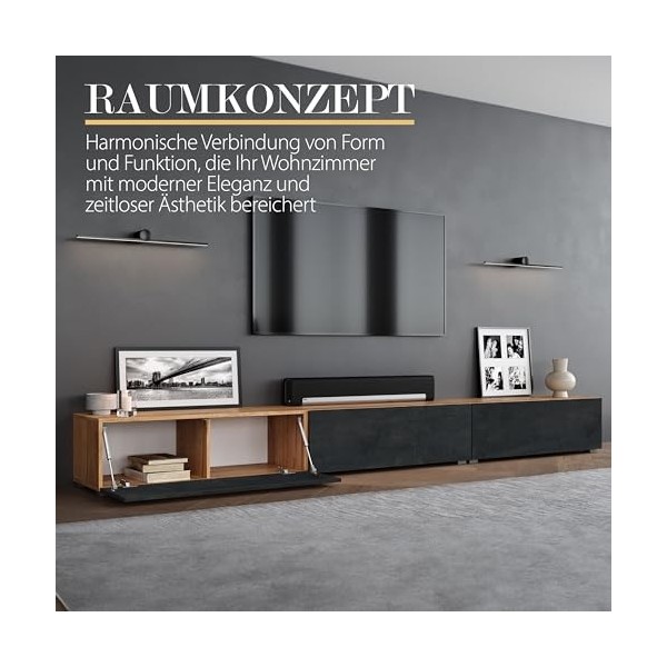 Planetmöbel Meuble TV 280 cm chêne doré/noir charbon - Meuble TV avec 4 rabats comme espace de rangement, meuble bas suspendu